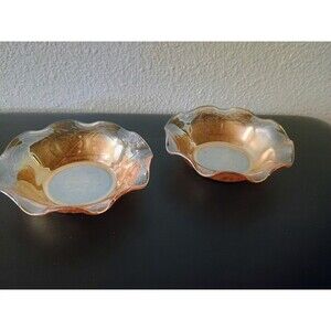 2 Vintage Jeannette Floragold Louisa Iridescent Amber Bowls Fluted Edge 5 1/2”